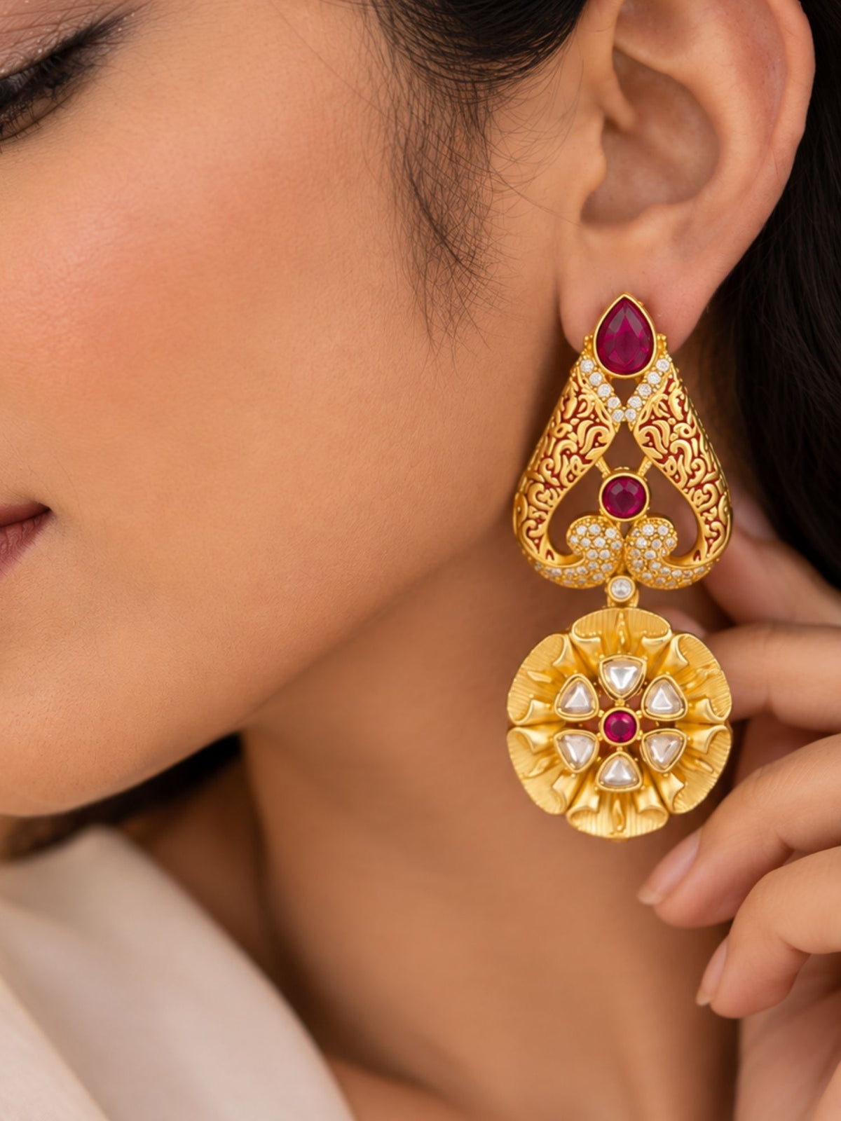 Red Meenakari Kundan Floral Statement Earrings | Abdesigns Jewellery