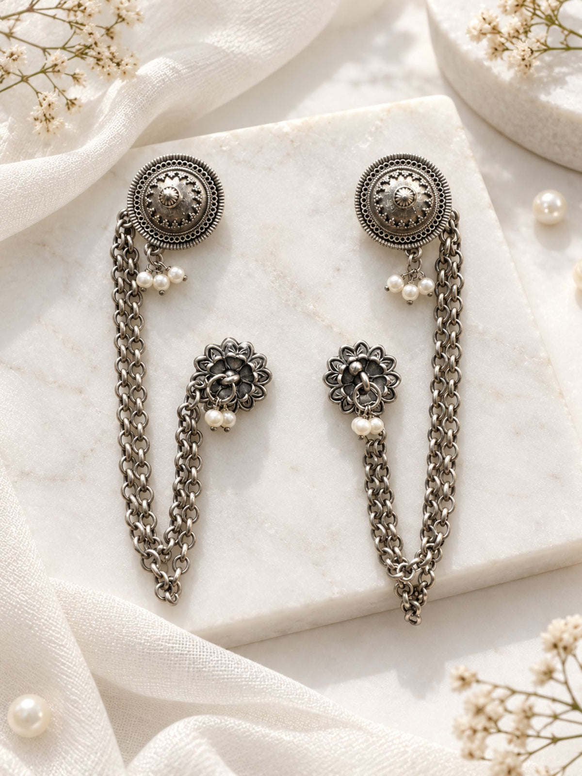 Floral Pearl Chain Ear Cuff Oxidised Silver Plated | Abdesigns