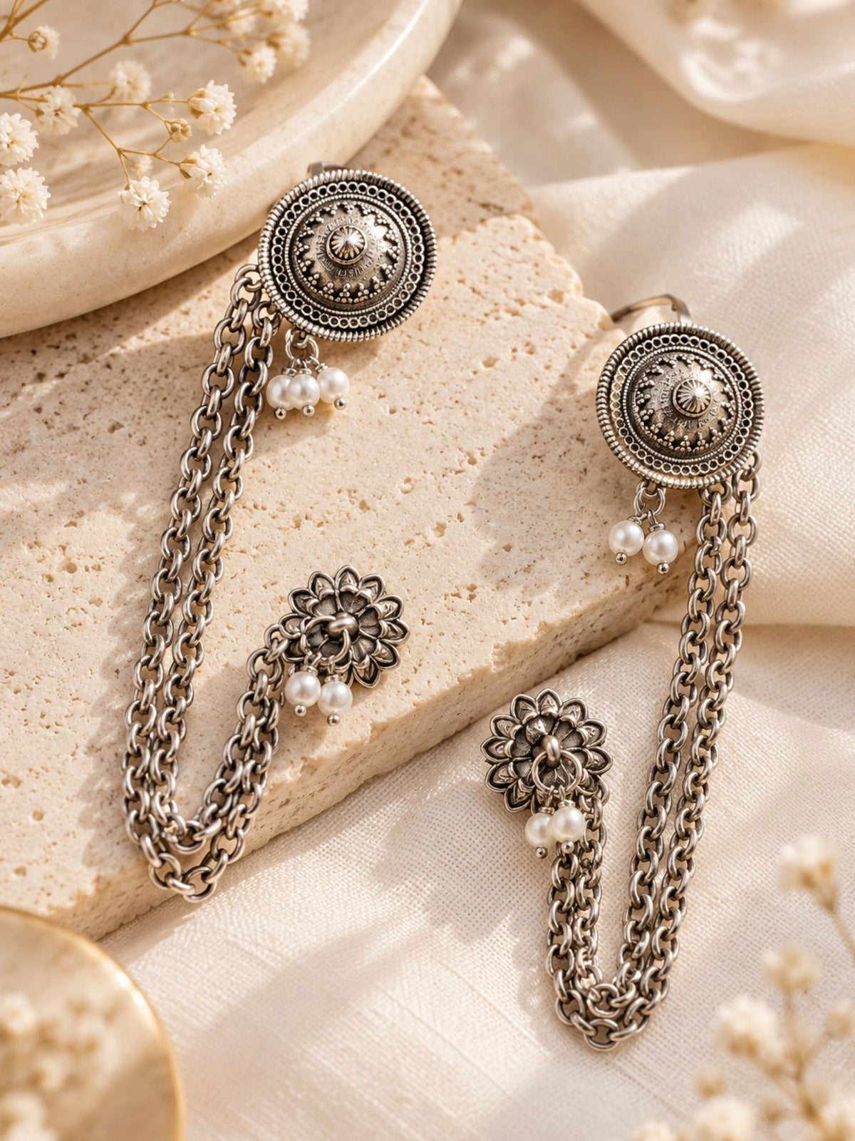 Floral Pearl Chain Ear Cuff Oxidised Silver Plated | Abdesigns
