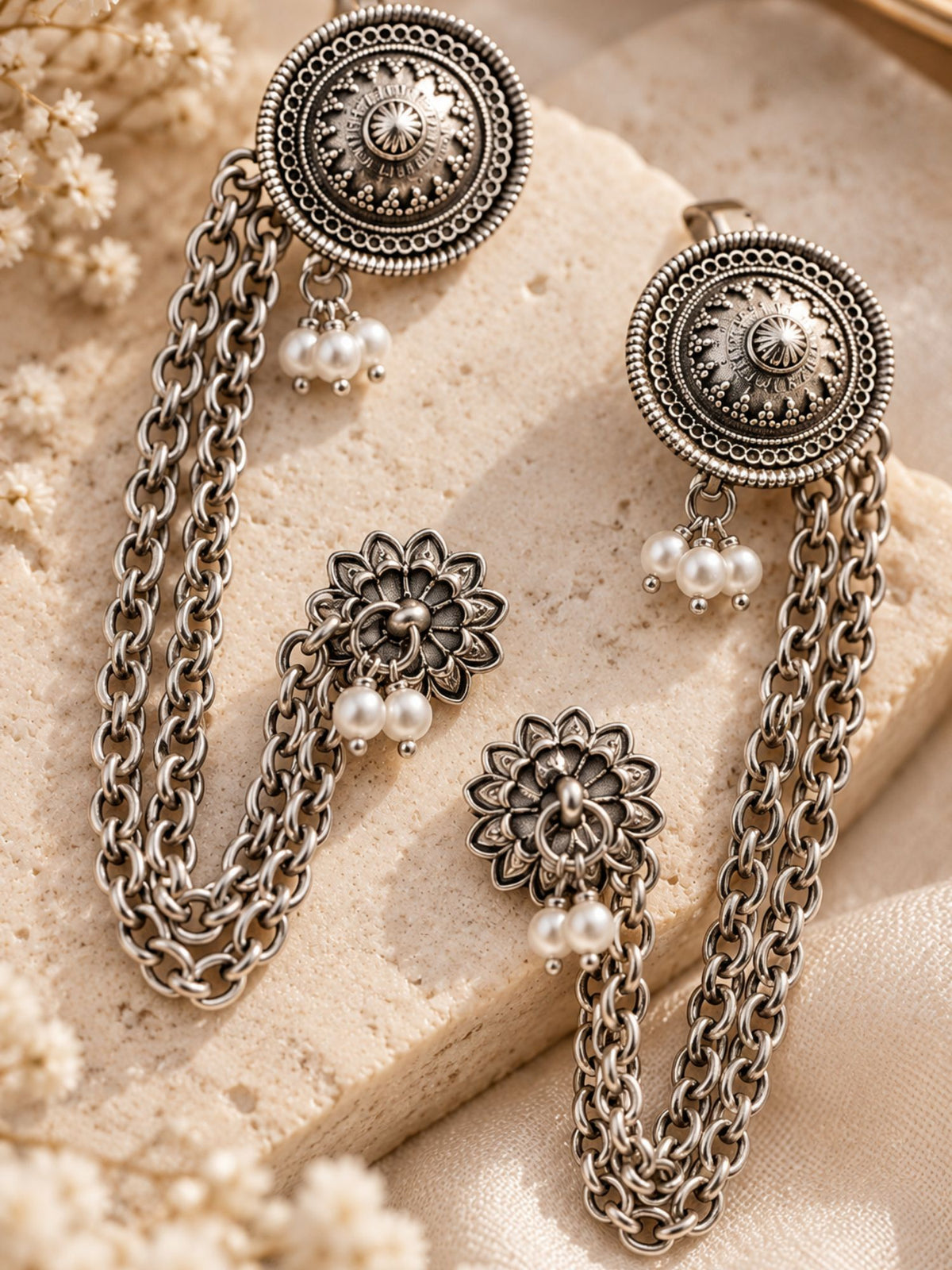 Floral Pearl Chain Ear Cuff Oxidised Silver Plated | Abdesigns