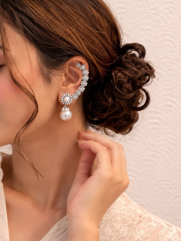 AD Stone Floral Pearl Drop Ear Cuff Silver Plated | Abdesigns