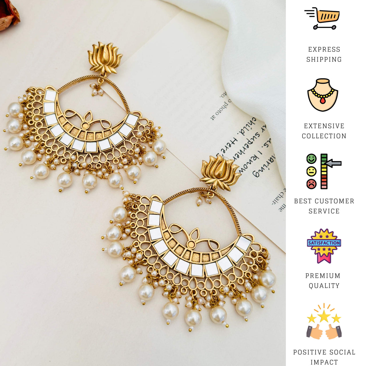 Gold Plated Lotus Mirror Chandbali Earring