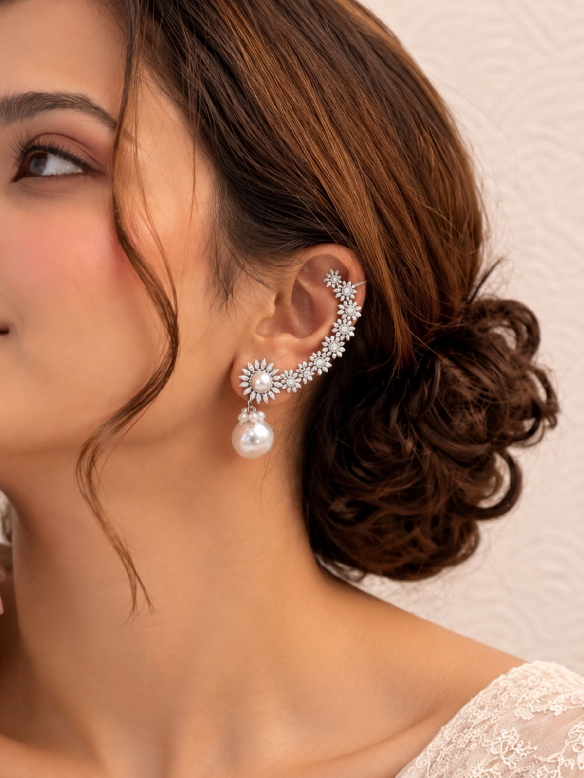 AD Stone Floral Pearl Drop Ear Cuff Silver Plated | Abdesigns