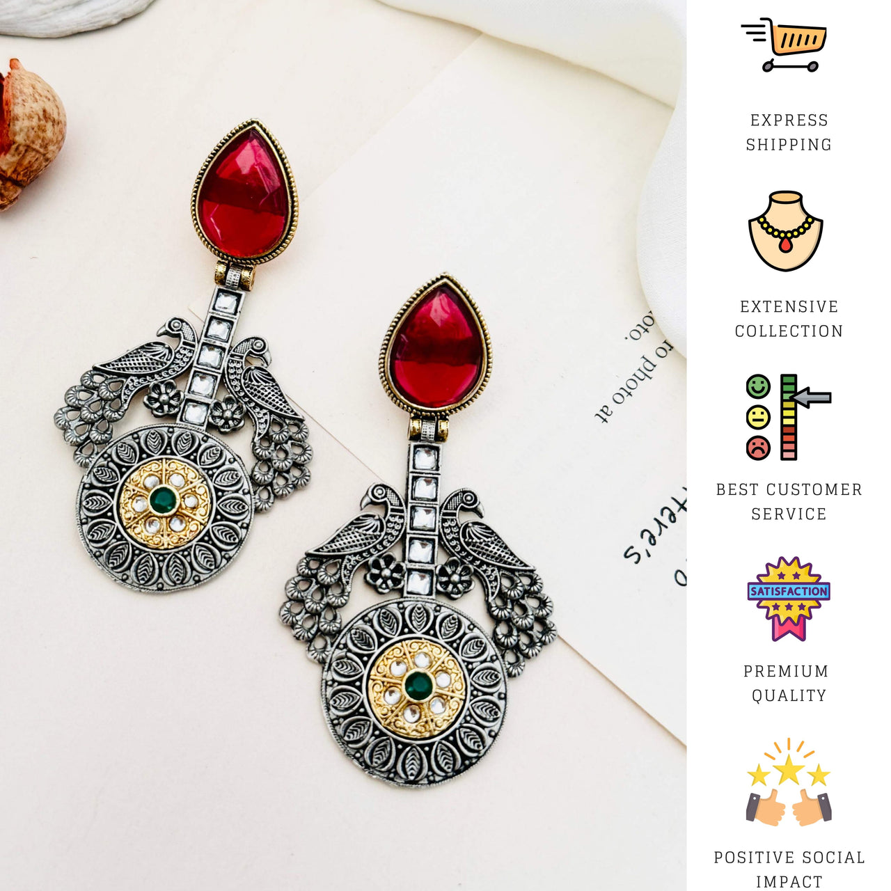 Statement German Antique Silver Plated Peacock Earring