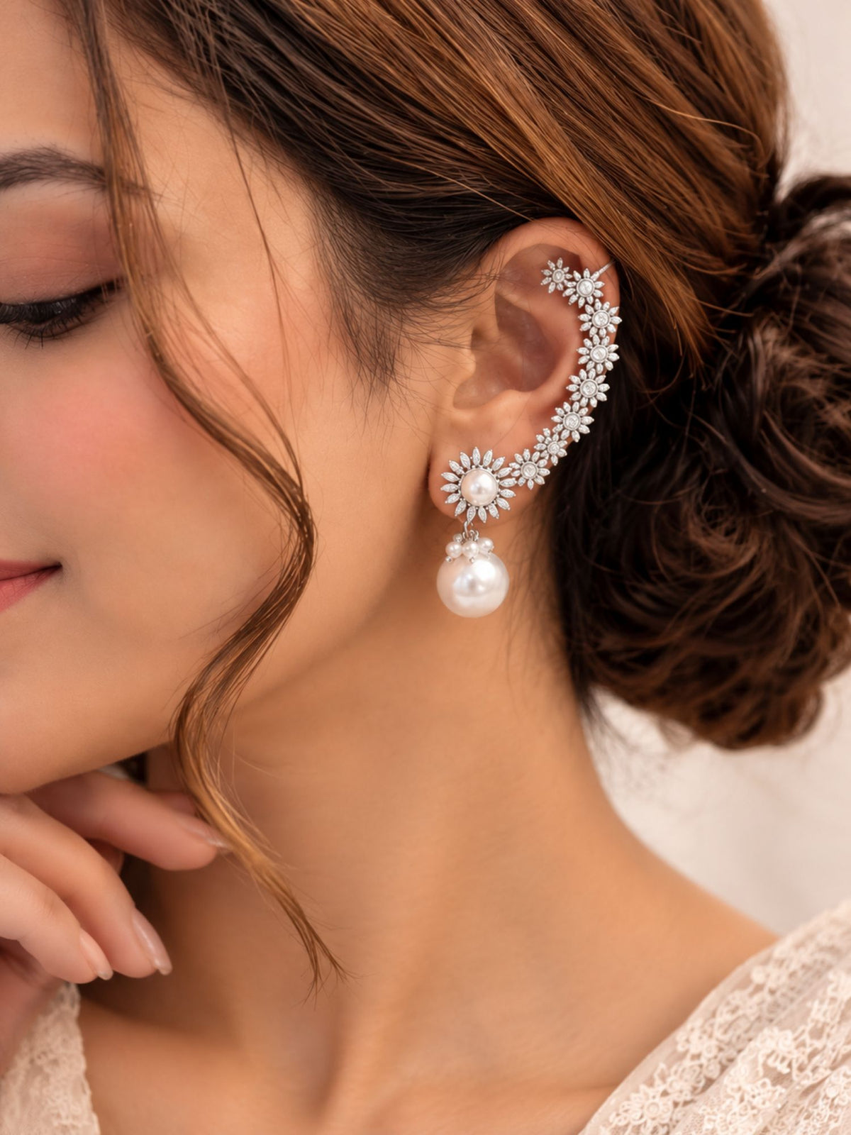 AD Stone Floral Pearl Drop Ear Cuff Silver Plated | Abdesigns