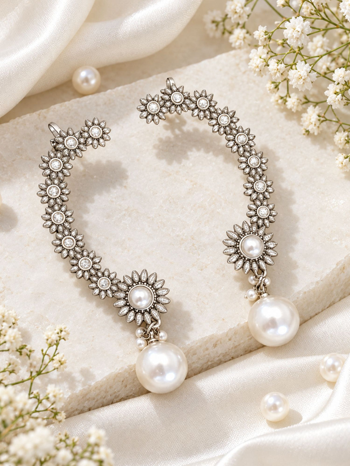 AD Stone Floral Pearl Drop Ear Cuff Silver Plated | Abdesigns