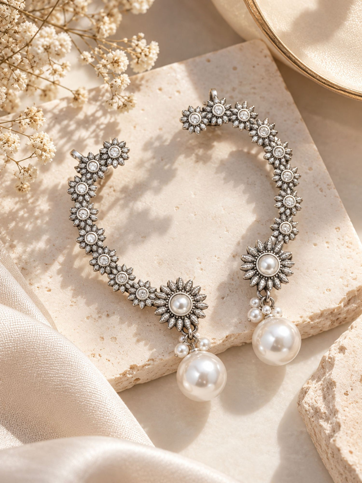 AD Stone Floral Pearl Drop Ear Cuff Silver Plated | Abdesigns