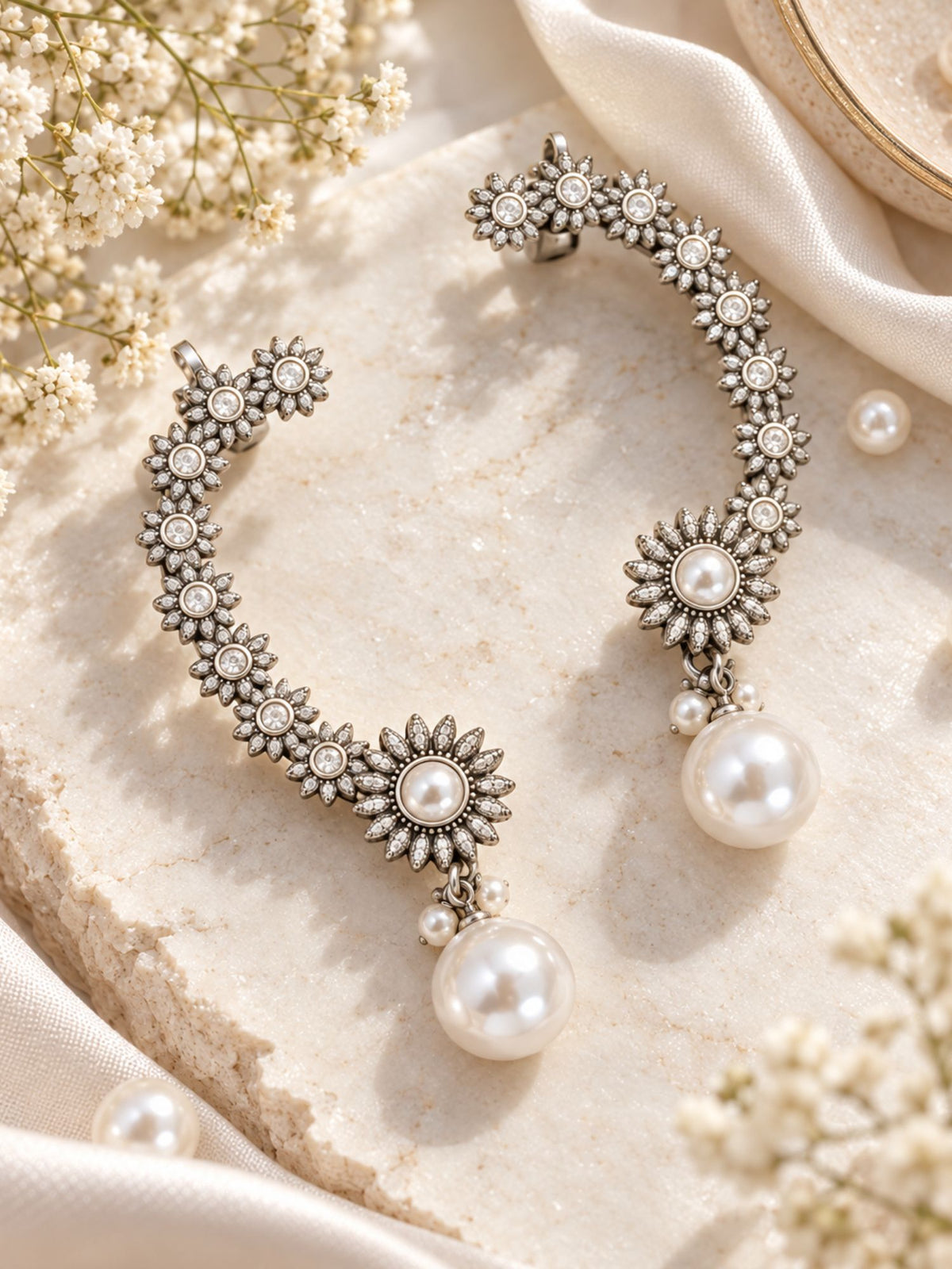 AD Stone Floral Pearl Drop Ear Cuff Silver Plated | Abdesigns