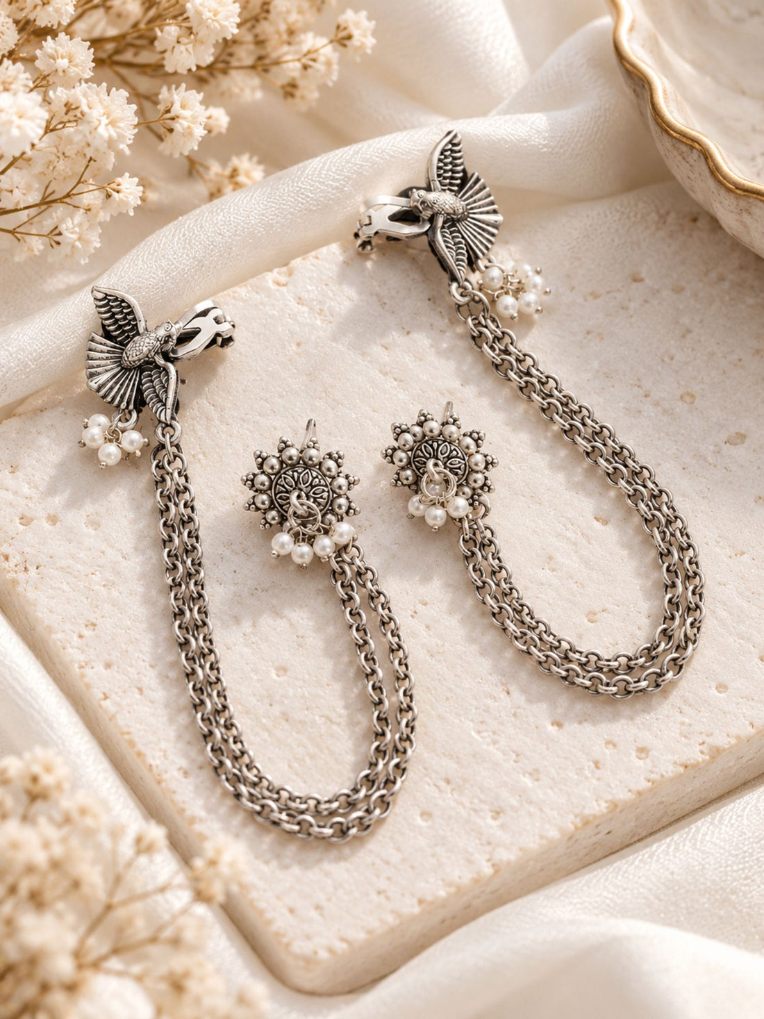 Bird Floral Pearl Chain Ear Cuff Oxidised Silver | Abdesigns