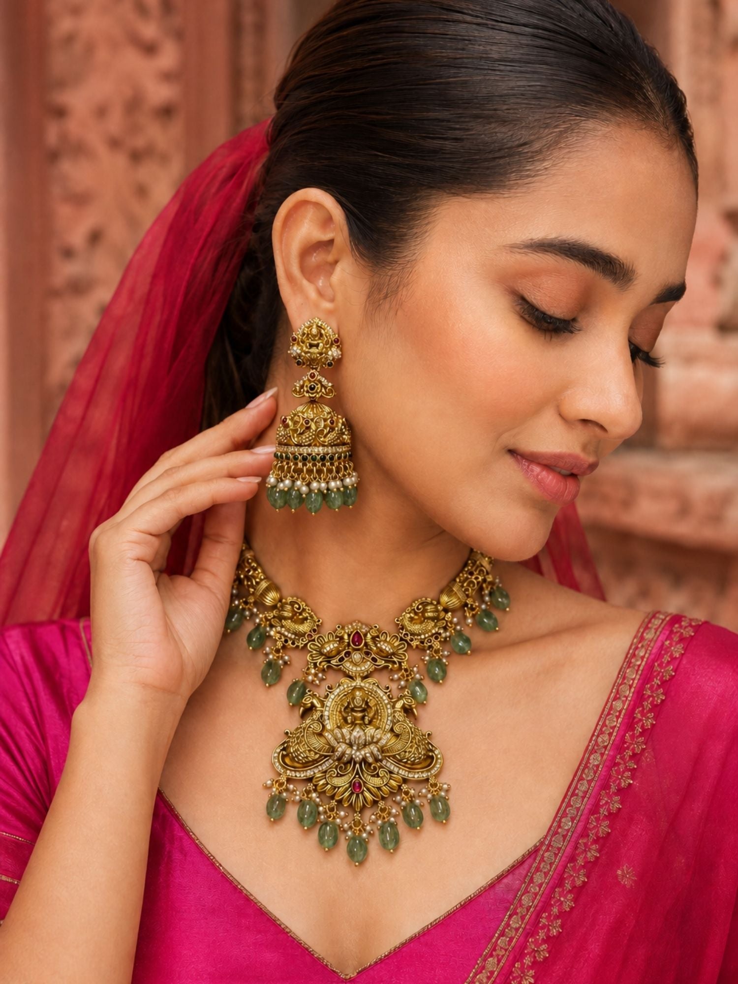 Abdesigns Temple Heritage Gold Necklace Set with Green Bead Drops
