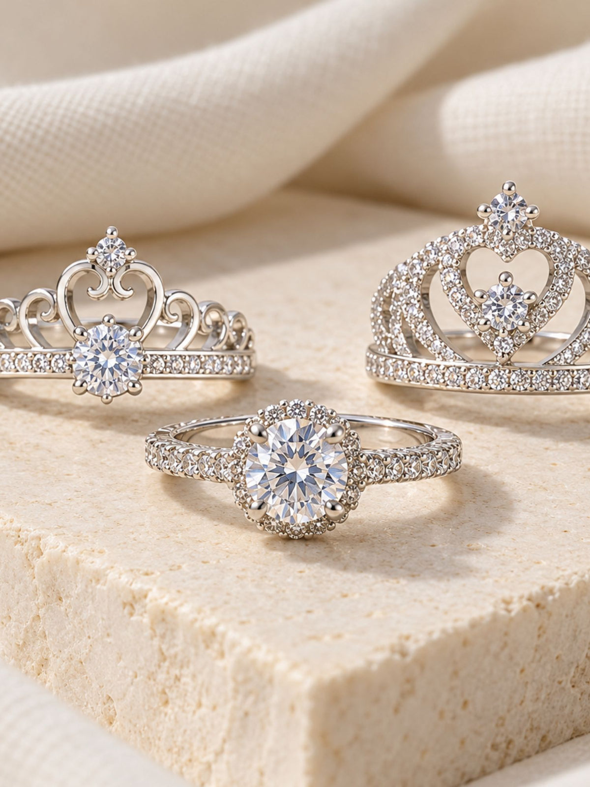 Set of 3 Silver Plated AD Stone Crown & Solitaire Statement Rings for Women