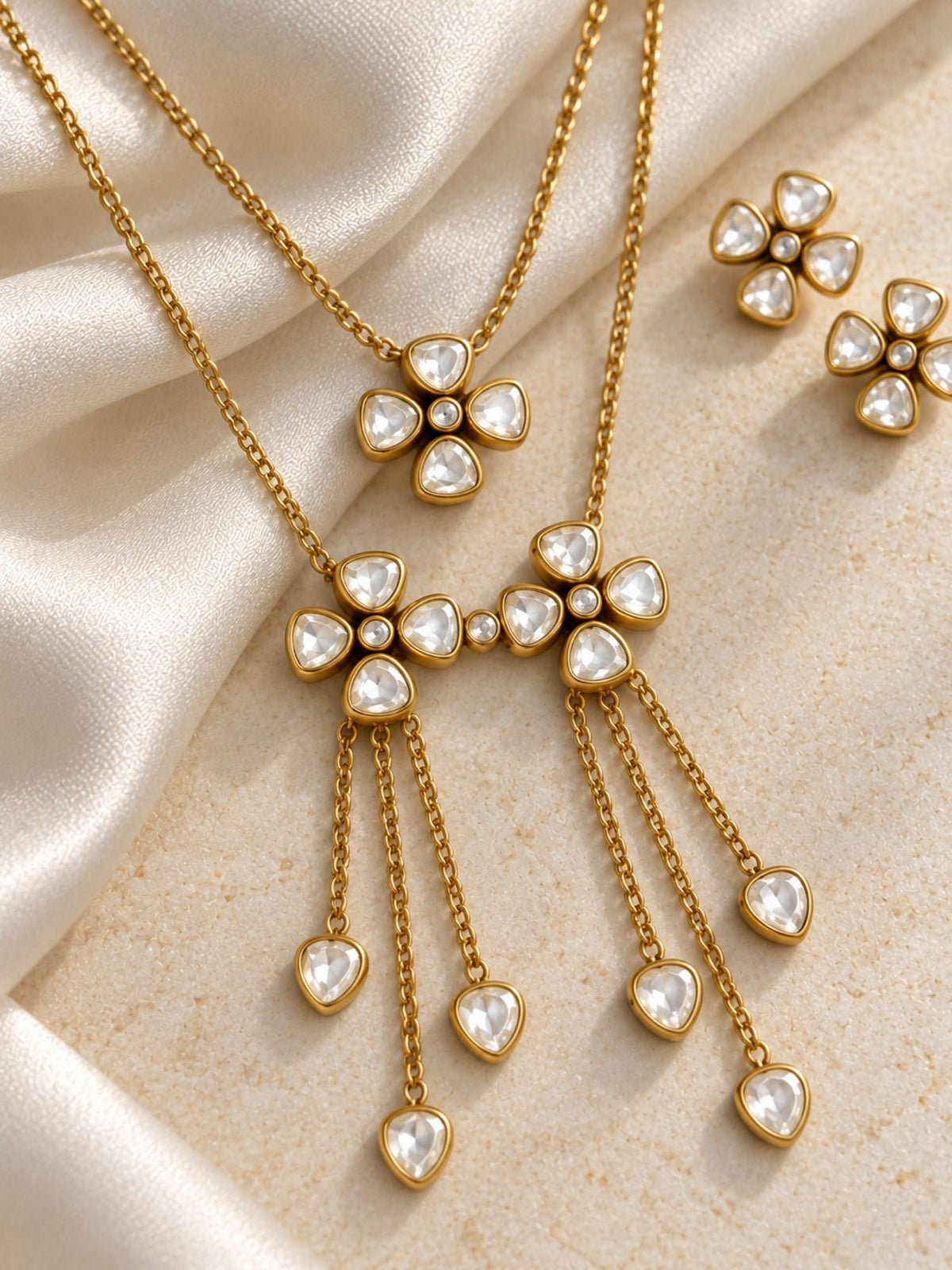 Gold Plated Kundan Floral Layered Necklace Set with Tassel Drops & Earrings for Women