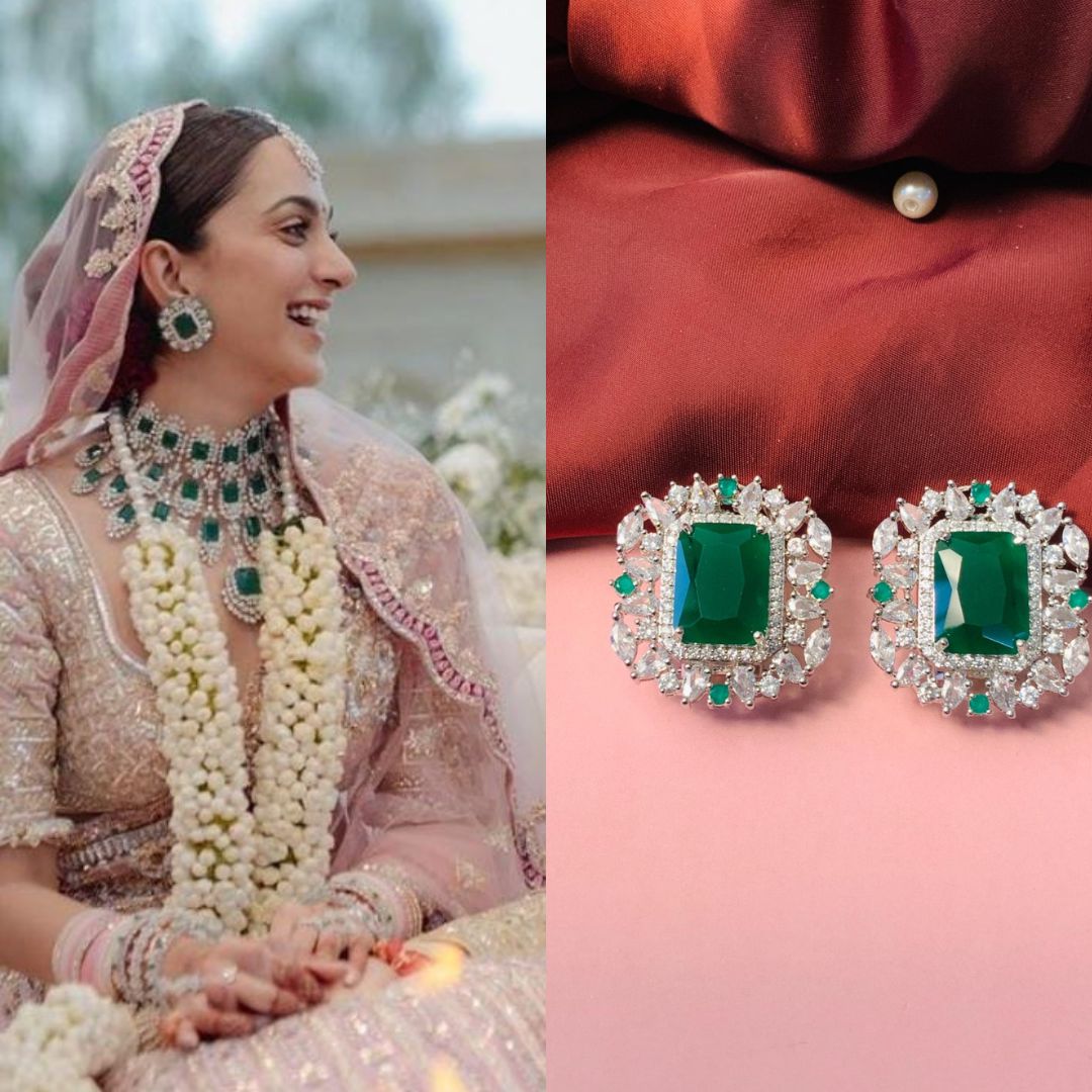 Kiara Advani Wedding Inspired Emerald Silver Plated Earrings