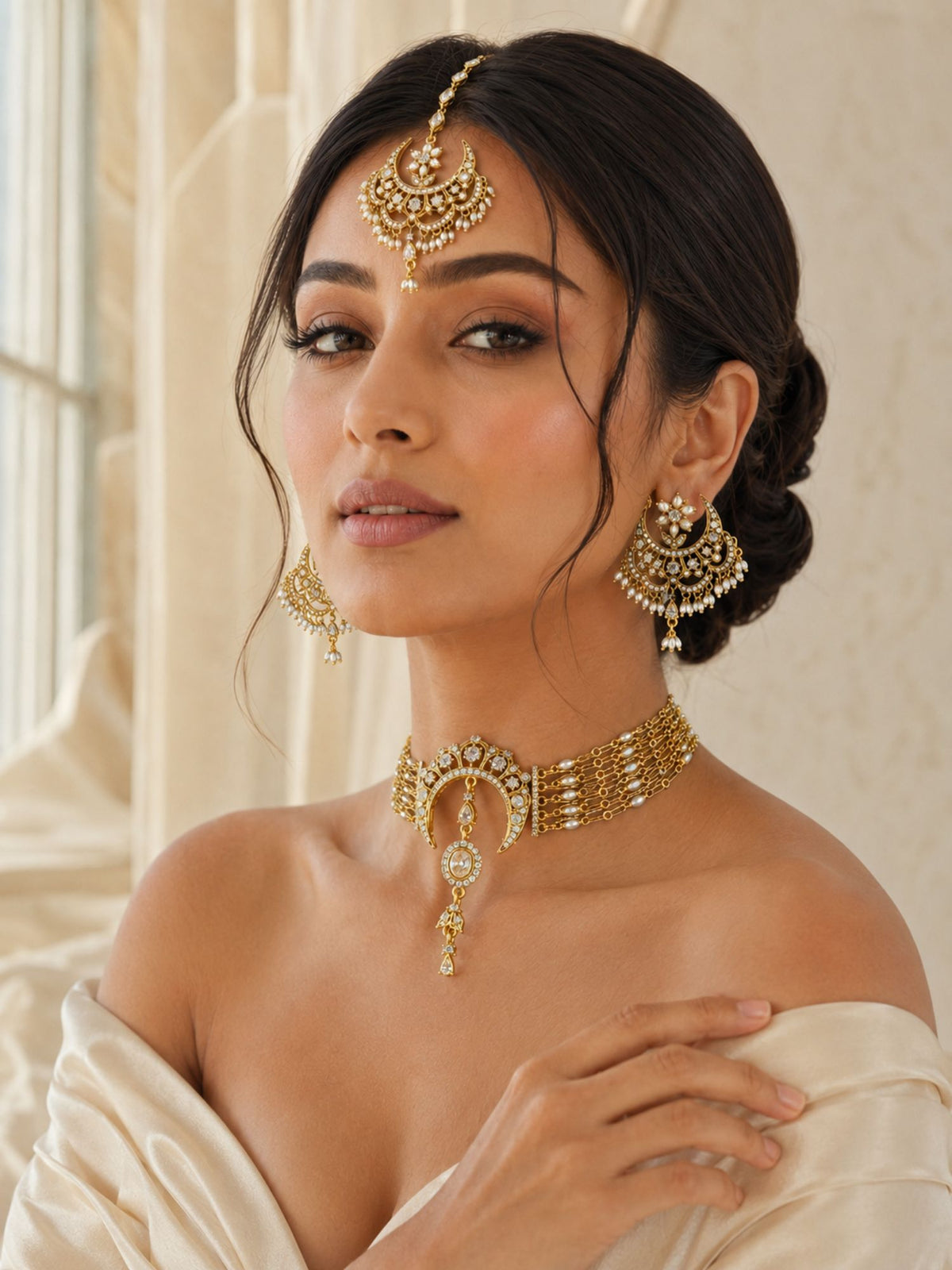 Gold Plated Kundan Pearl Chandbali Choker Jewellery Set for Women