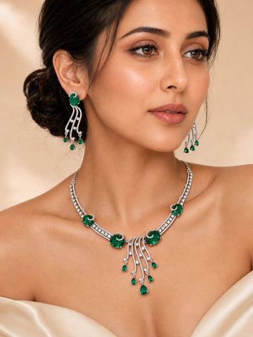 Silver Tone Cz Emerald Ruby American Diamond Necklace Set | Abdesigns