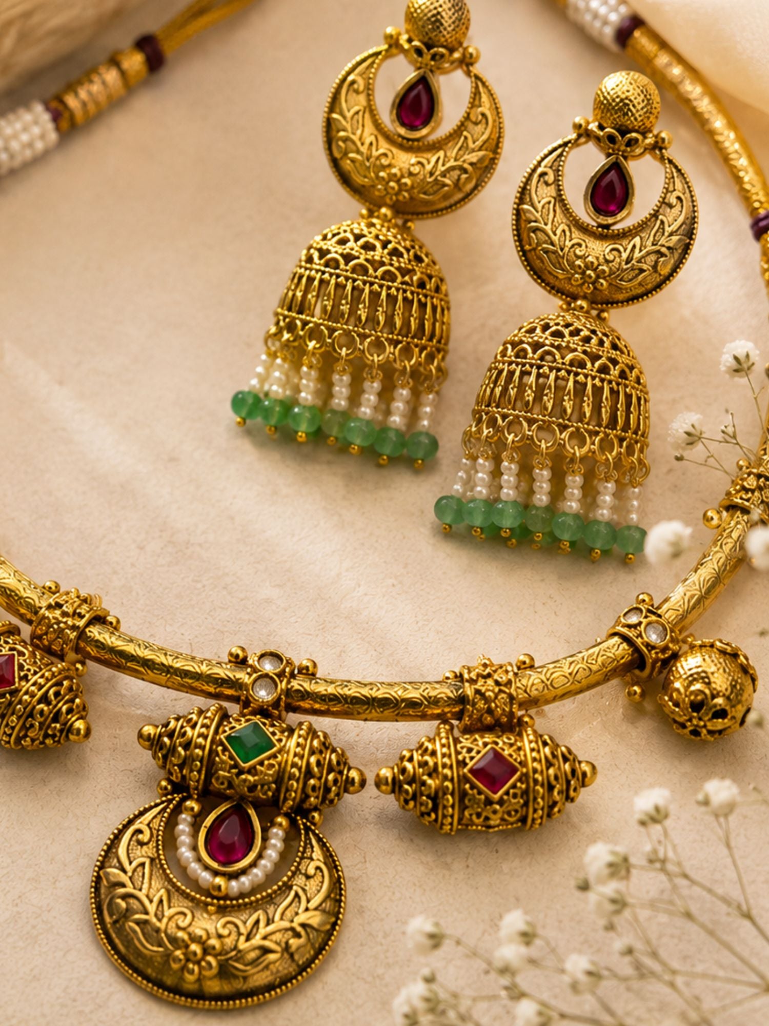 Traditional Gold Plated Temple Hasli Necklace Set for Women
