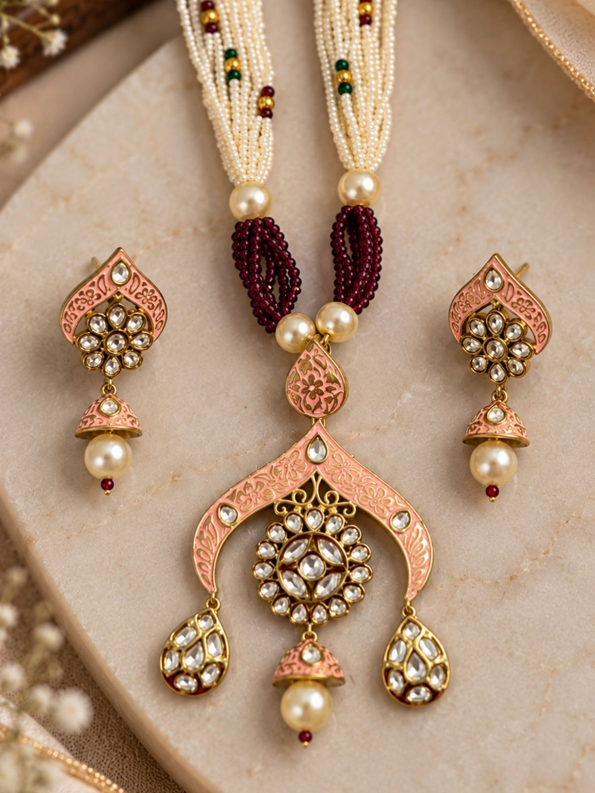 Meenakari Kundan Pearl Long Mala Necklace Set in Green & Pink