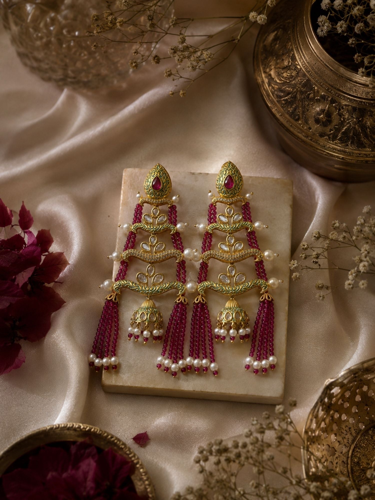 Royal Pink Beaded Jhumka Tassel Earrings – Traditional Kundan Statement Earrings - earrings by Abdesigns Jewellery