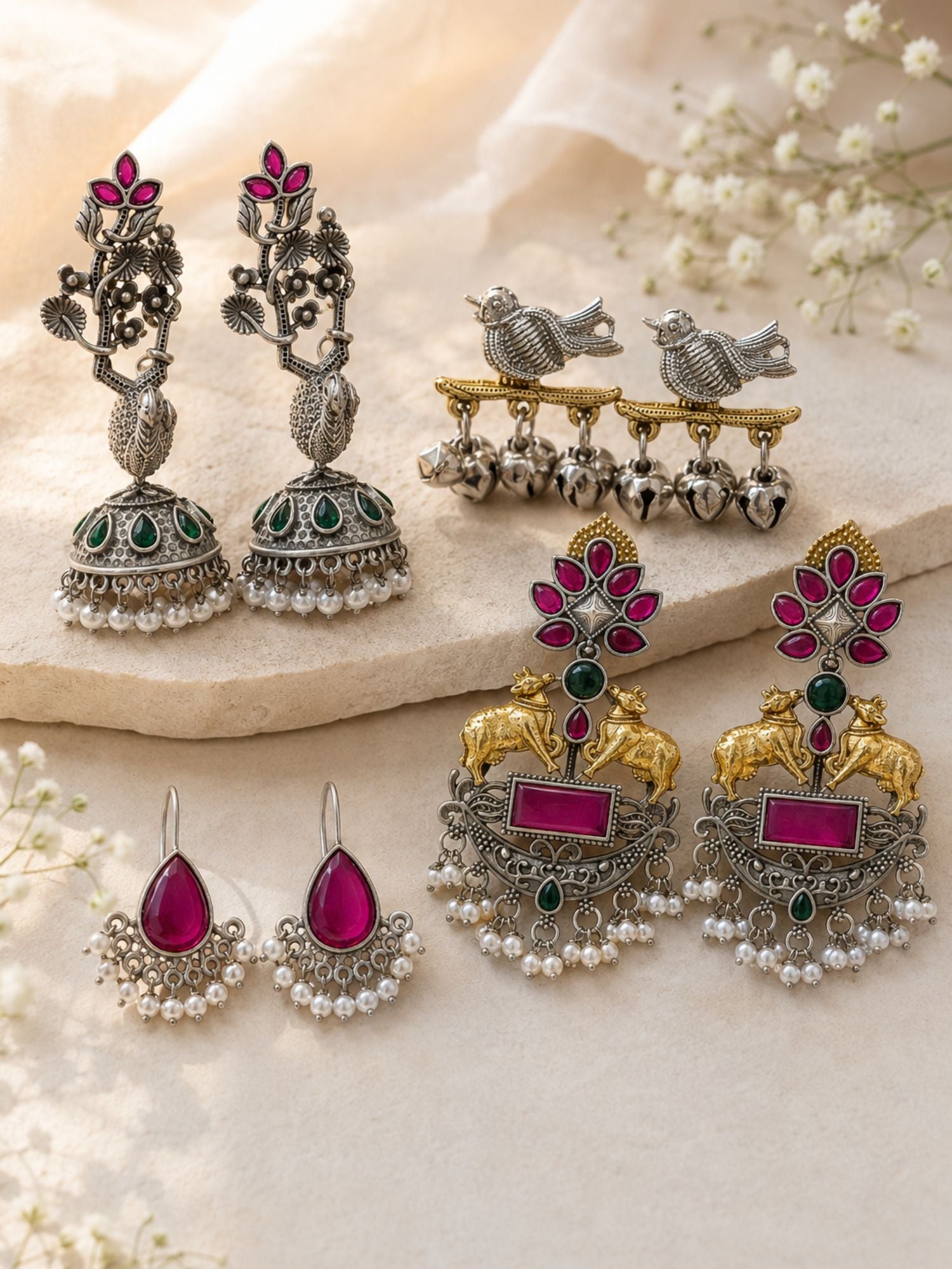 Set of 4 Oxidised Silver Statement Earrings for Women