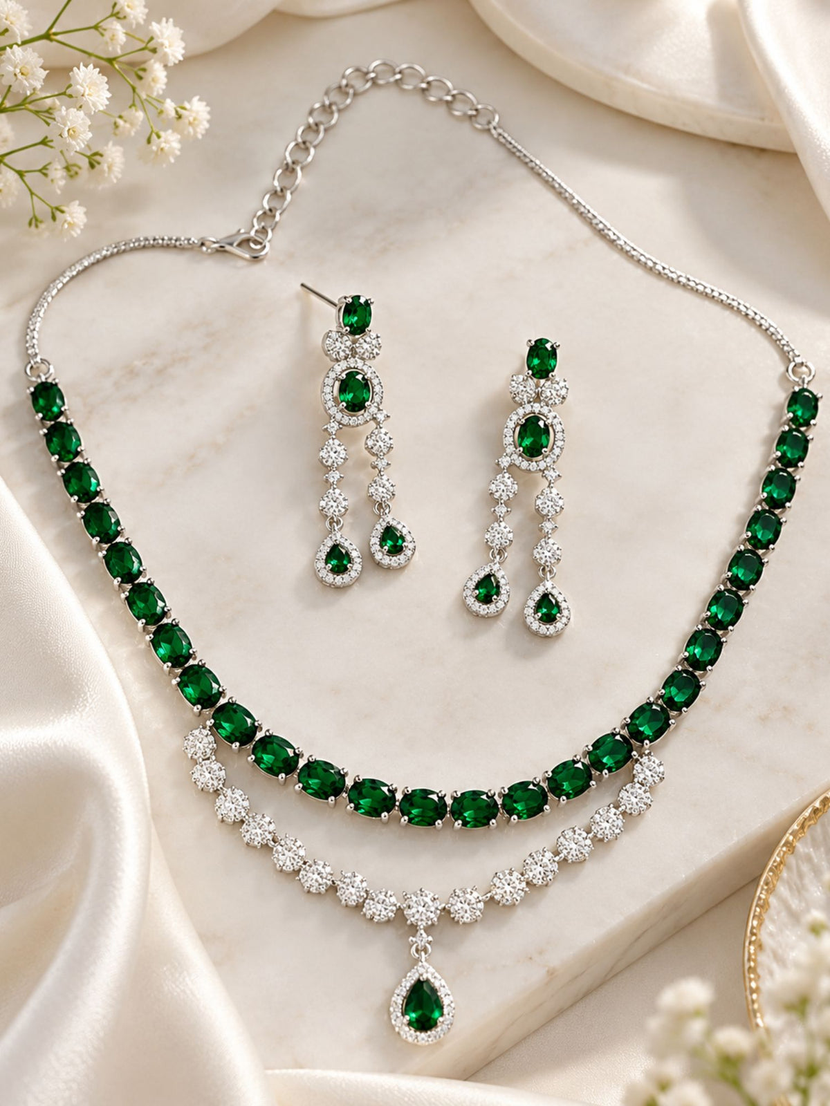 Emerald Unique American Diamond Necklace Set