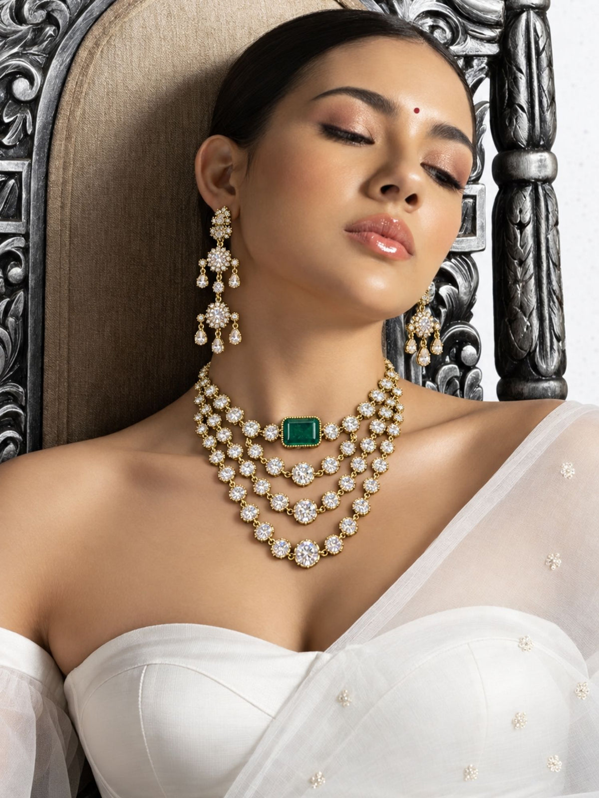 Victorian Gold Plated Green Stone Layered AD Statement Necklace Set with Earrings