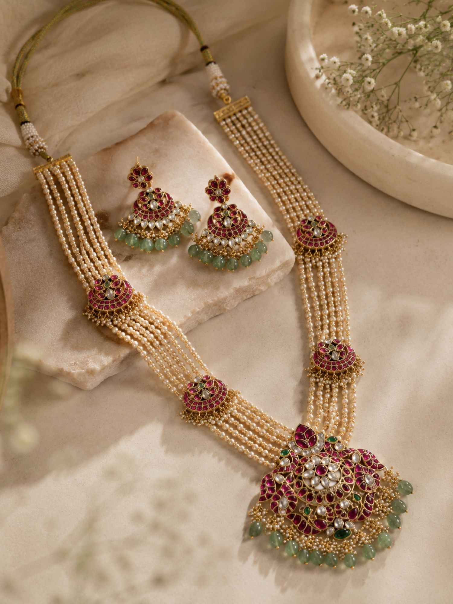 Abdesigns Royal Multi-Layer Pearl Kundan Necklace Set with Pink Stone Pendant