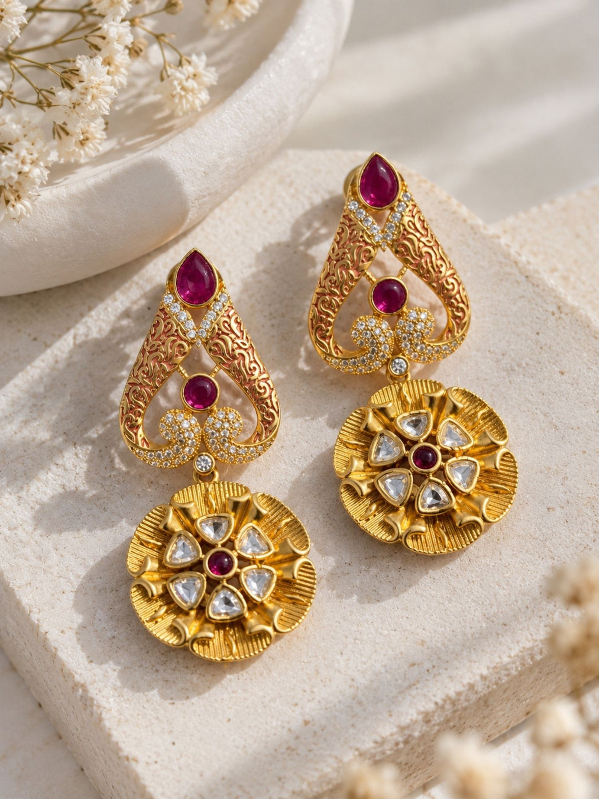 Red Meenakari Kundan Floral Statement Earrings | Abdesigns Jewellery