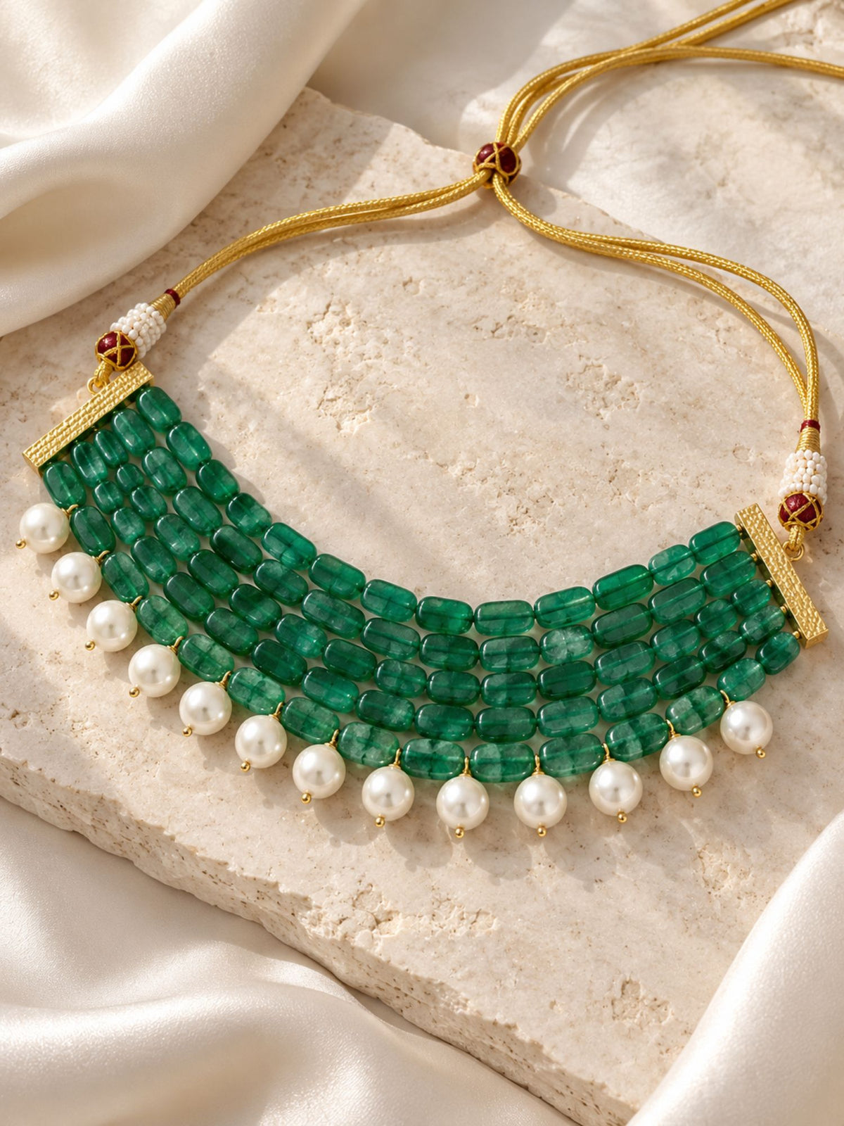 Gold Plated Green Beaded Pearl Multi-Layer Choker Necklace for Women