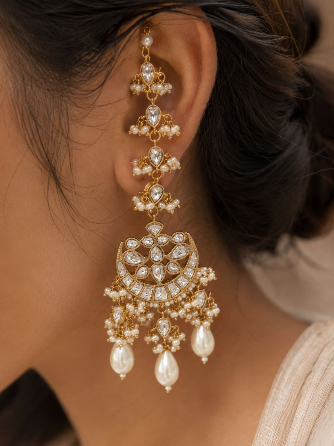 Abdesigns Pachi Kundan Pearl Ear Cuff Chandbali Earrings for Women