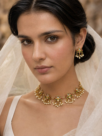 Abdesigns Gold Plated Kempstone Lotus Necklace Set