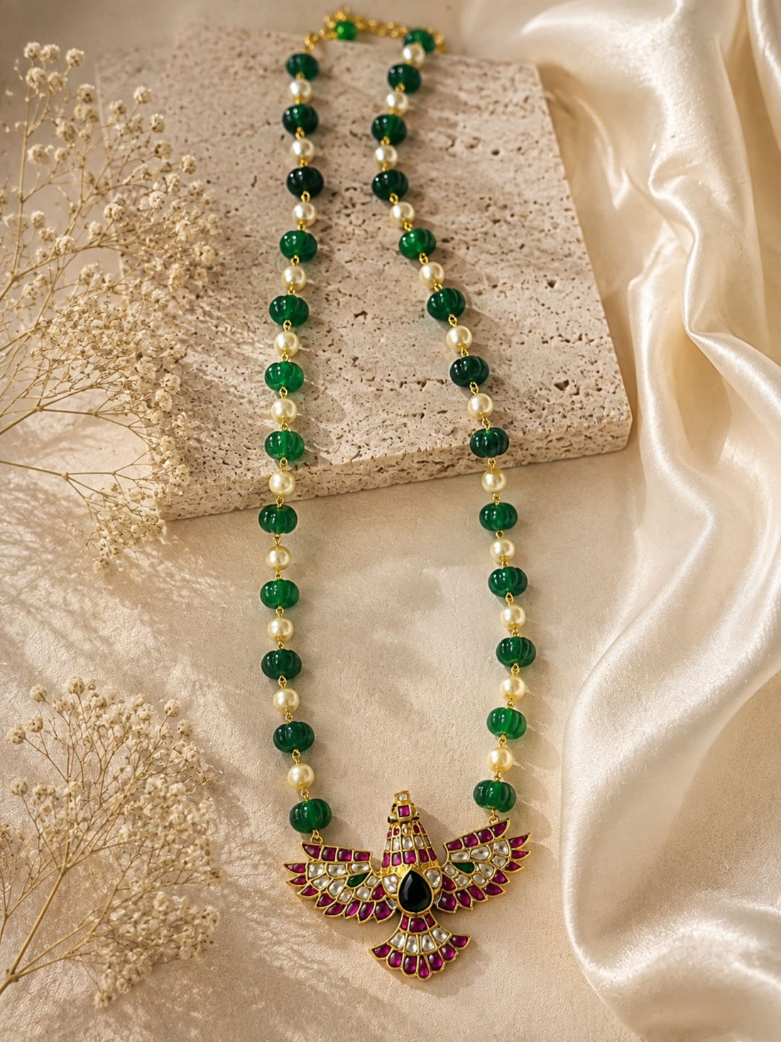 Gold plated green beaded Kundan necklace with bird pendant – Abdesigns Jewellery