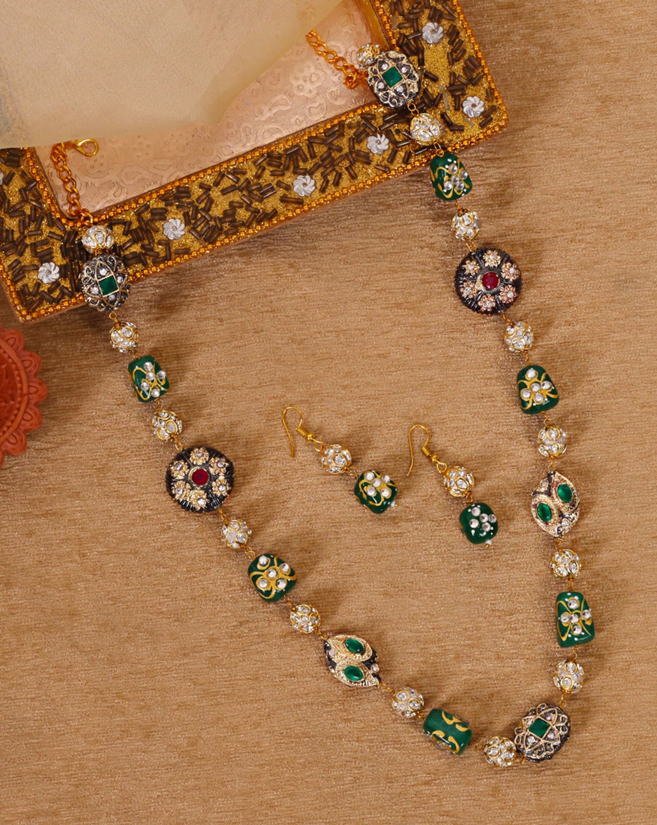 Golden Green Beads Pearls Stones Jaipuri Mala - Abdesignsjewellery