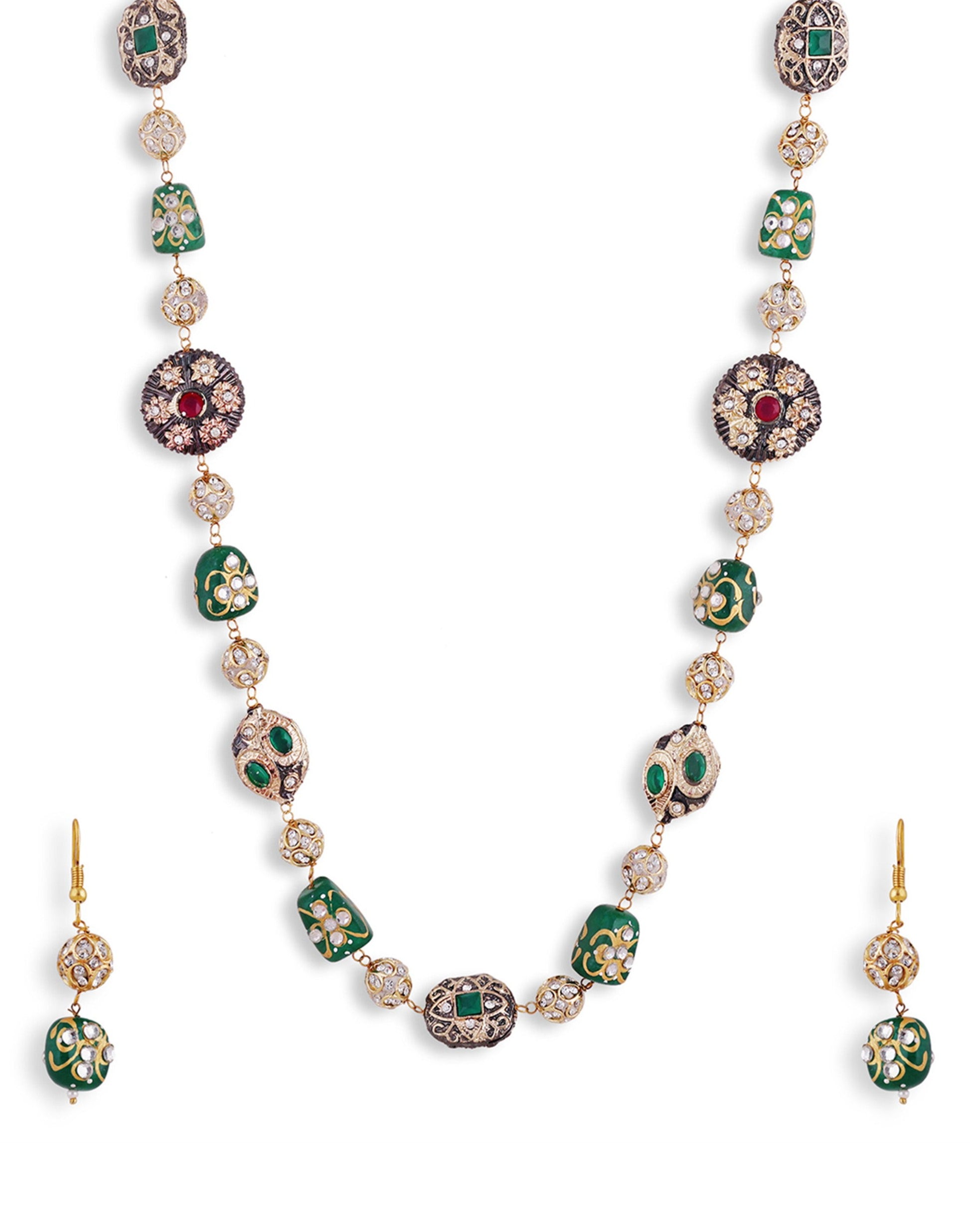 Golden Green Beads Pearls Stones Jaipuri Mala - Abdesignsjewellery