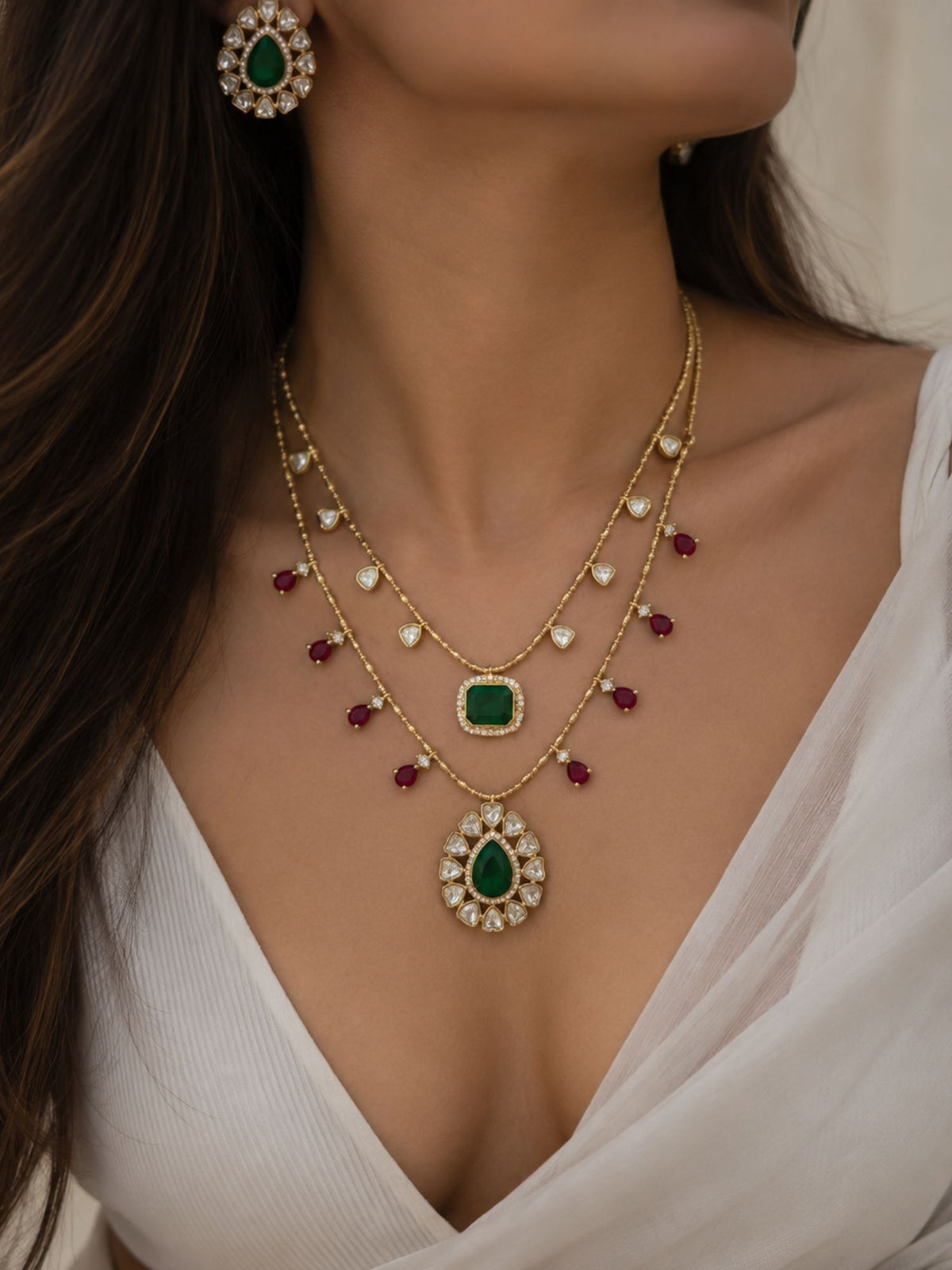 Gold Plated Multicolor Kundan Layered Necklace Set with Earrings