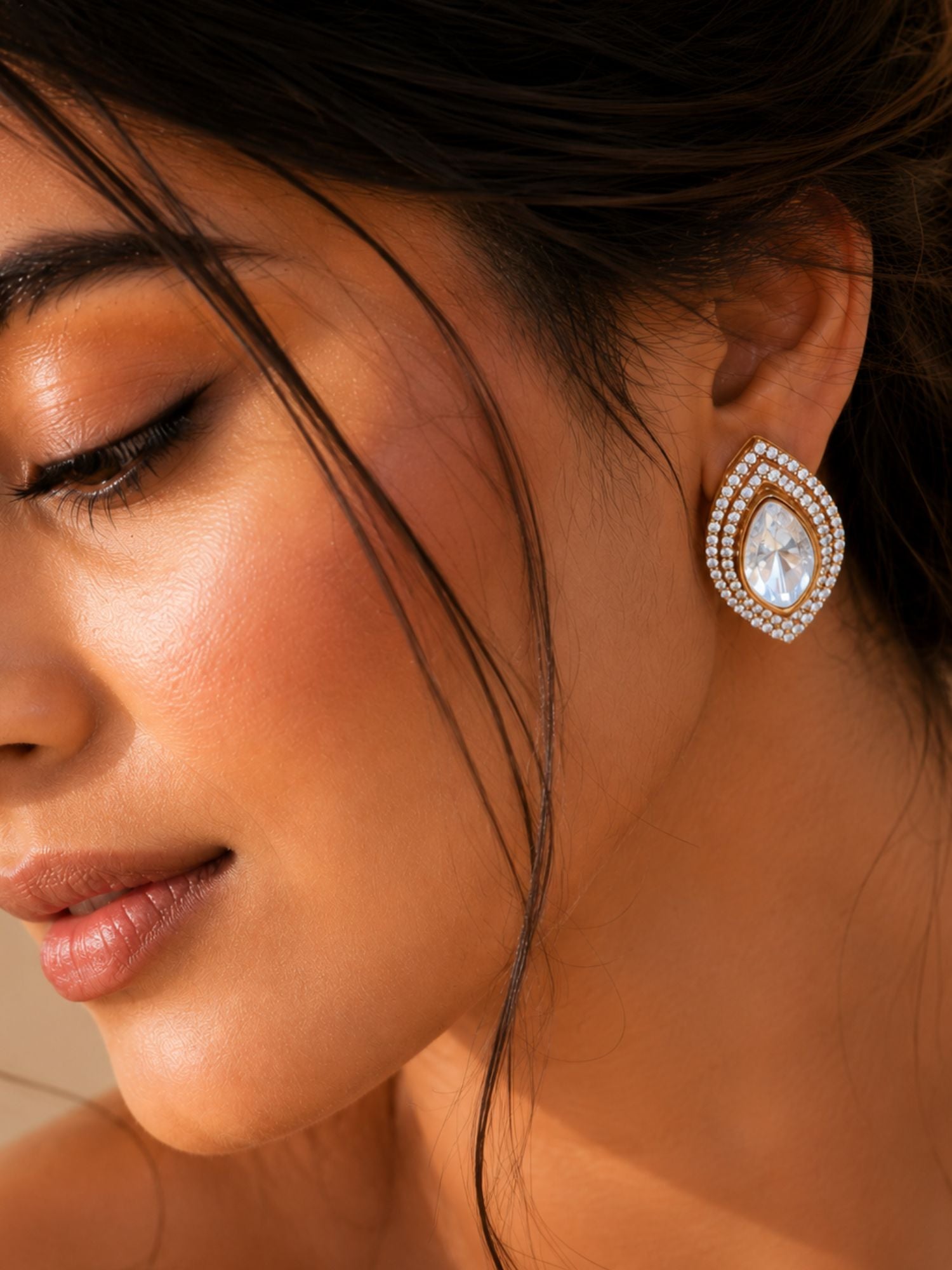 Marquise Matt Gold Glass Kundan Polki Studs - jewellery by Abdesigns Jewellery