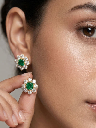 925 Sterling Silver Gold Plated Emerald Green Stone Flower Stud Earrings