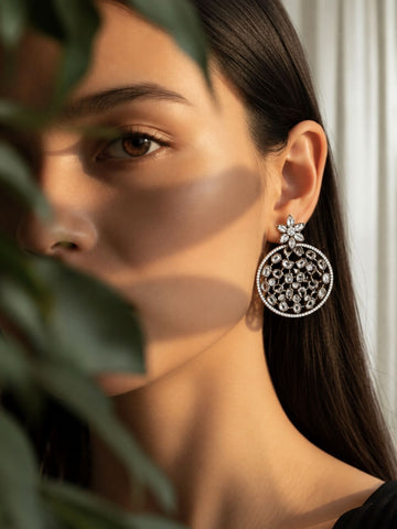 Black Rhodium Kundan Polki Floral Statement Earrings | Abdesigns