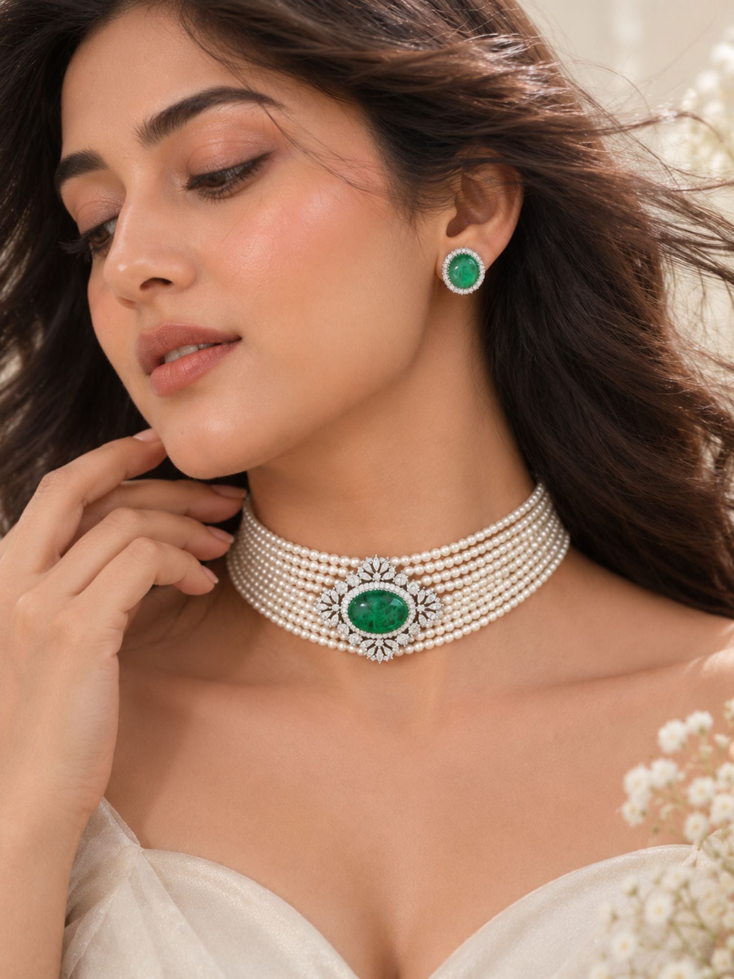 Emerald Pearl Choker Necklace Set in Silver Plating | Abdesigns