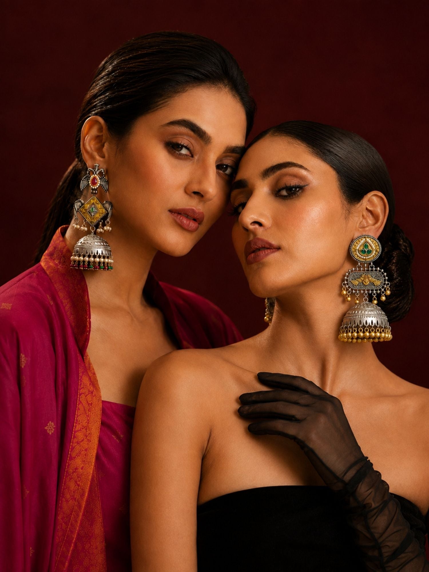 Set of 2 DualTone Multicolor Meenakari German Silver Jhumka Earrings Combo for Women