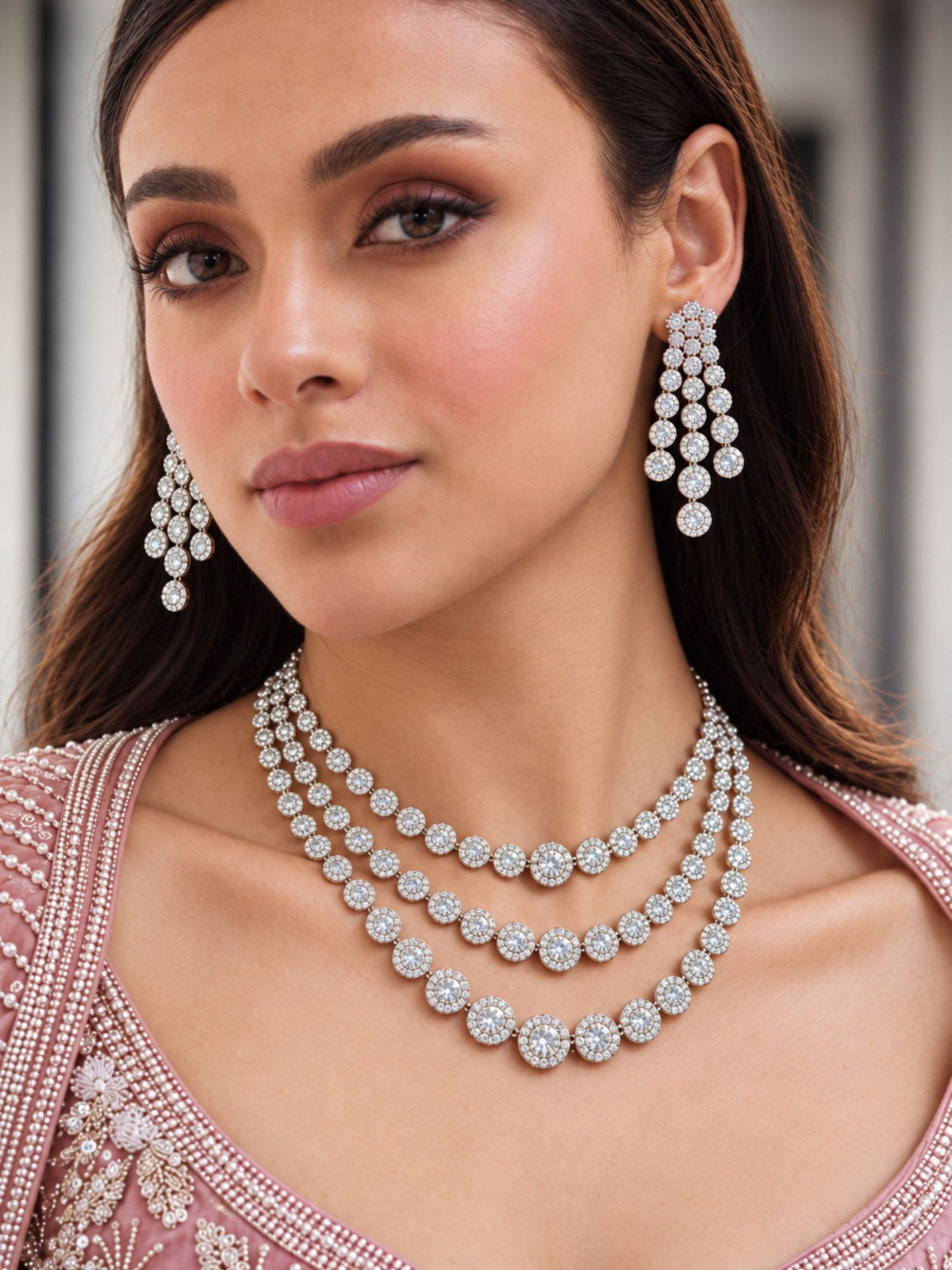 3 Layer Silver Plated American Diamond Necklace Set | Abdesigns Jewellery