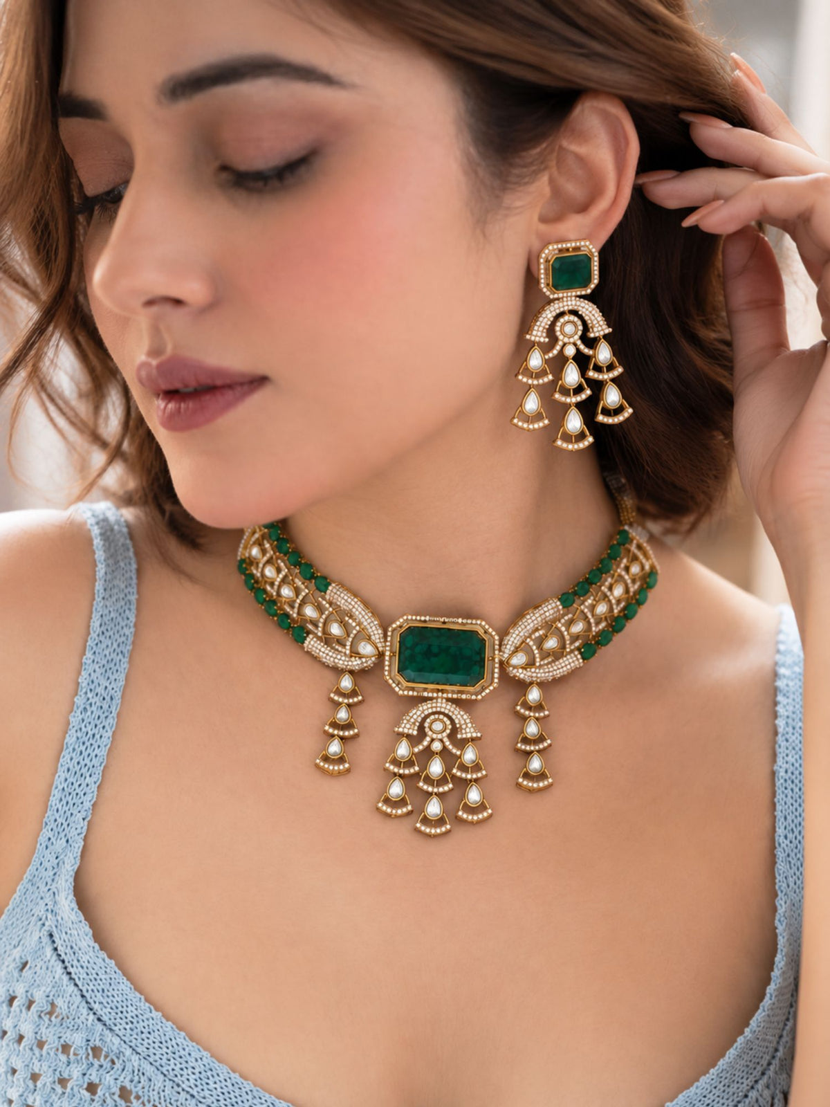 Gold Plated Green Kundan Polki Statement Choker Necklace Set with Earrings