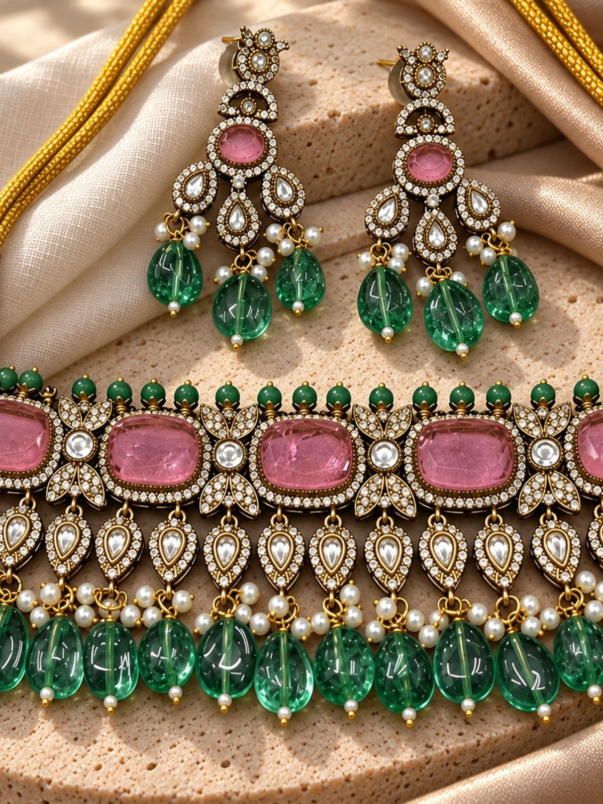 Pink Stone Green Bead Kundan Choker Necklace Set with Earrings