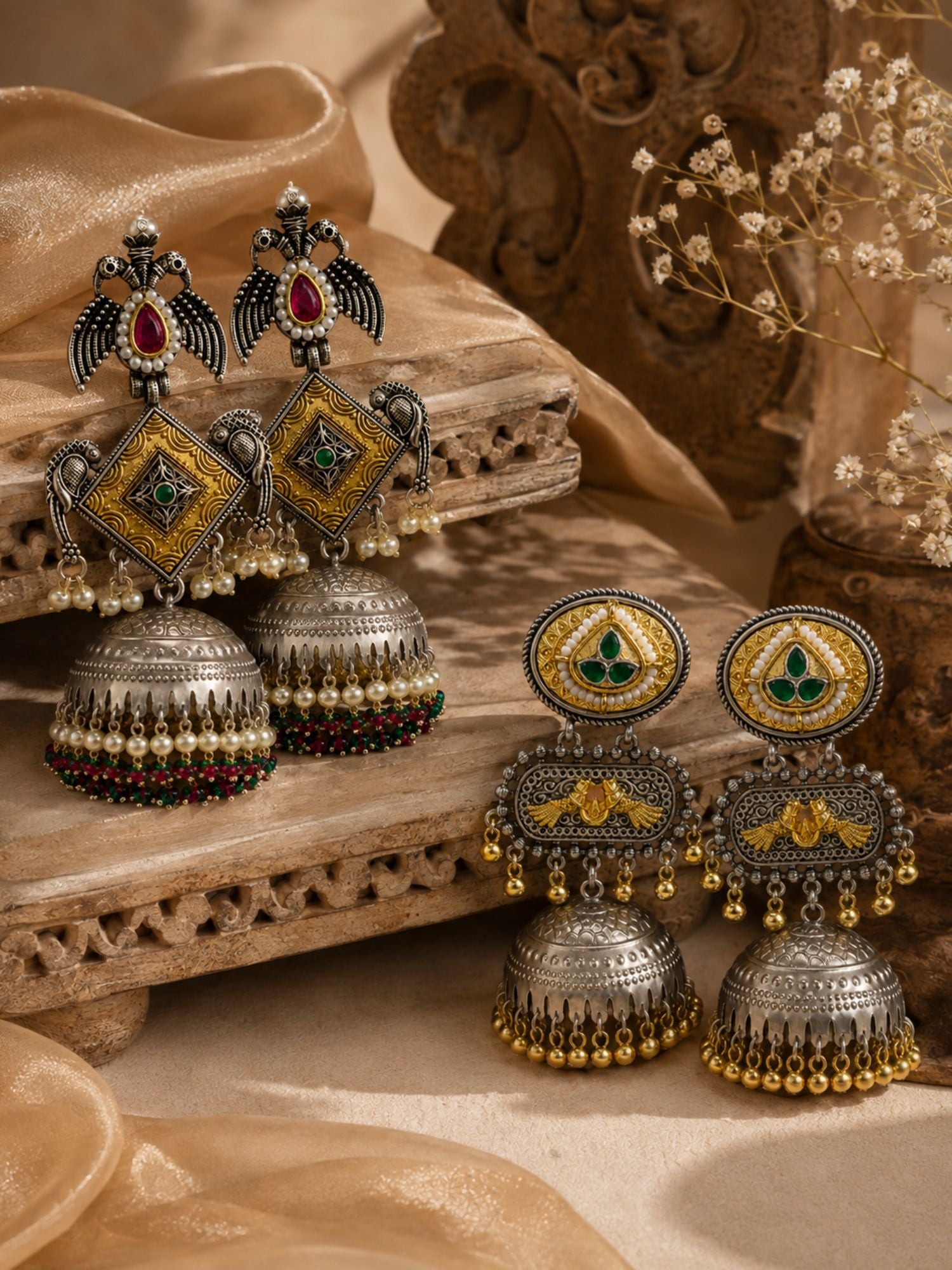Set of 2 DualTone Multicolor Meenakari German Silver Jhumka Earrings Combo for Women