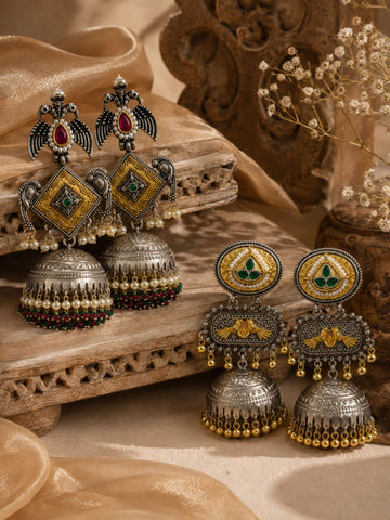 Set of 2 DualTone Multicolor Meenakari German Silver Jhumka Earrings Combo for Women