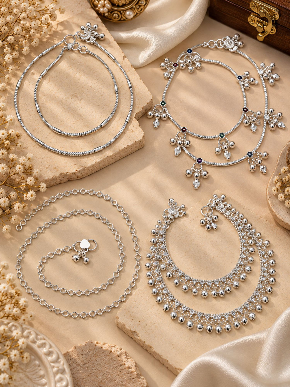Combo Of 4 Silver Plated Traditional Ghungroo Anklets for Women