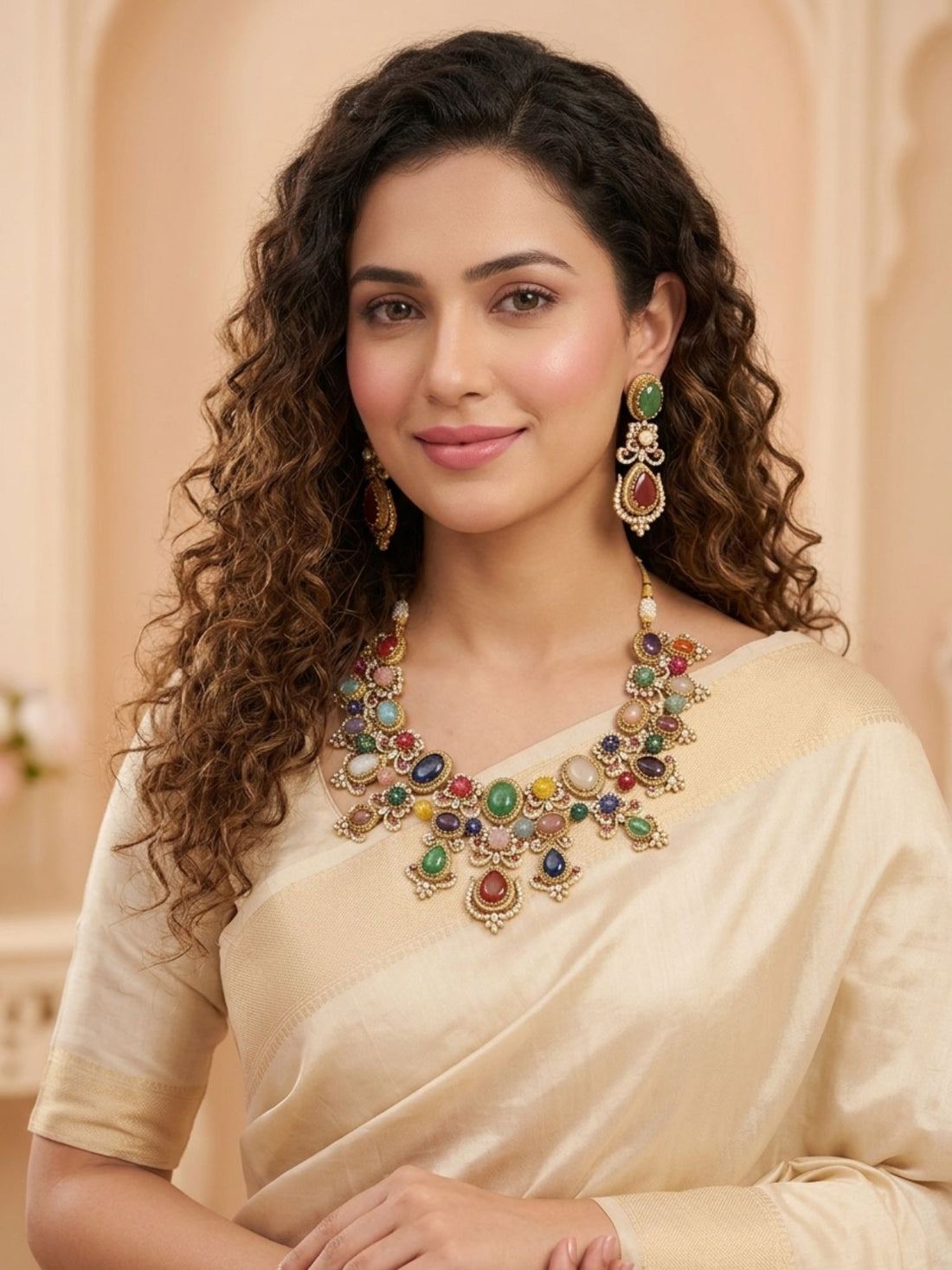 Abdesigns Multicolour Navratna Kundan Statement Necklace Set with Earrings