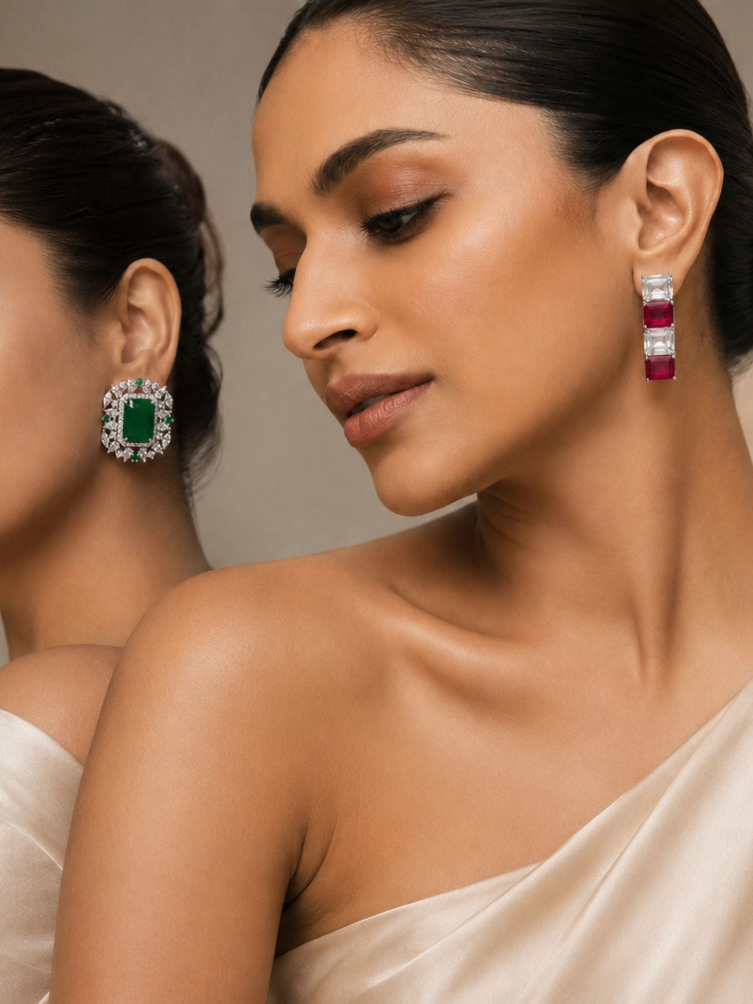 Silver Plated Emerald Green & Ruby Red Designer Earrings Combo
