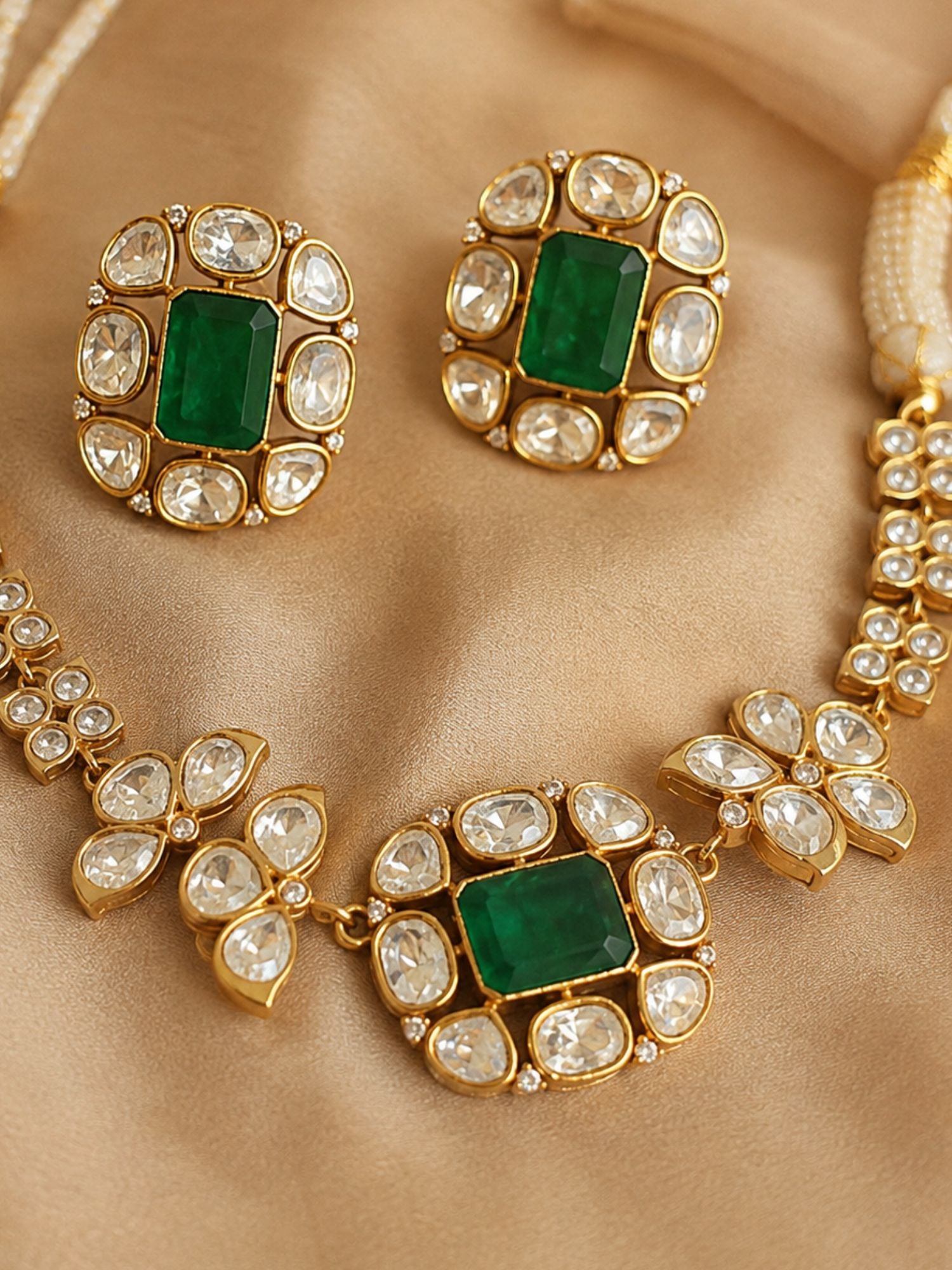 Gold Plated Green Kundan Floral Necklace Set for Women