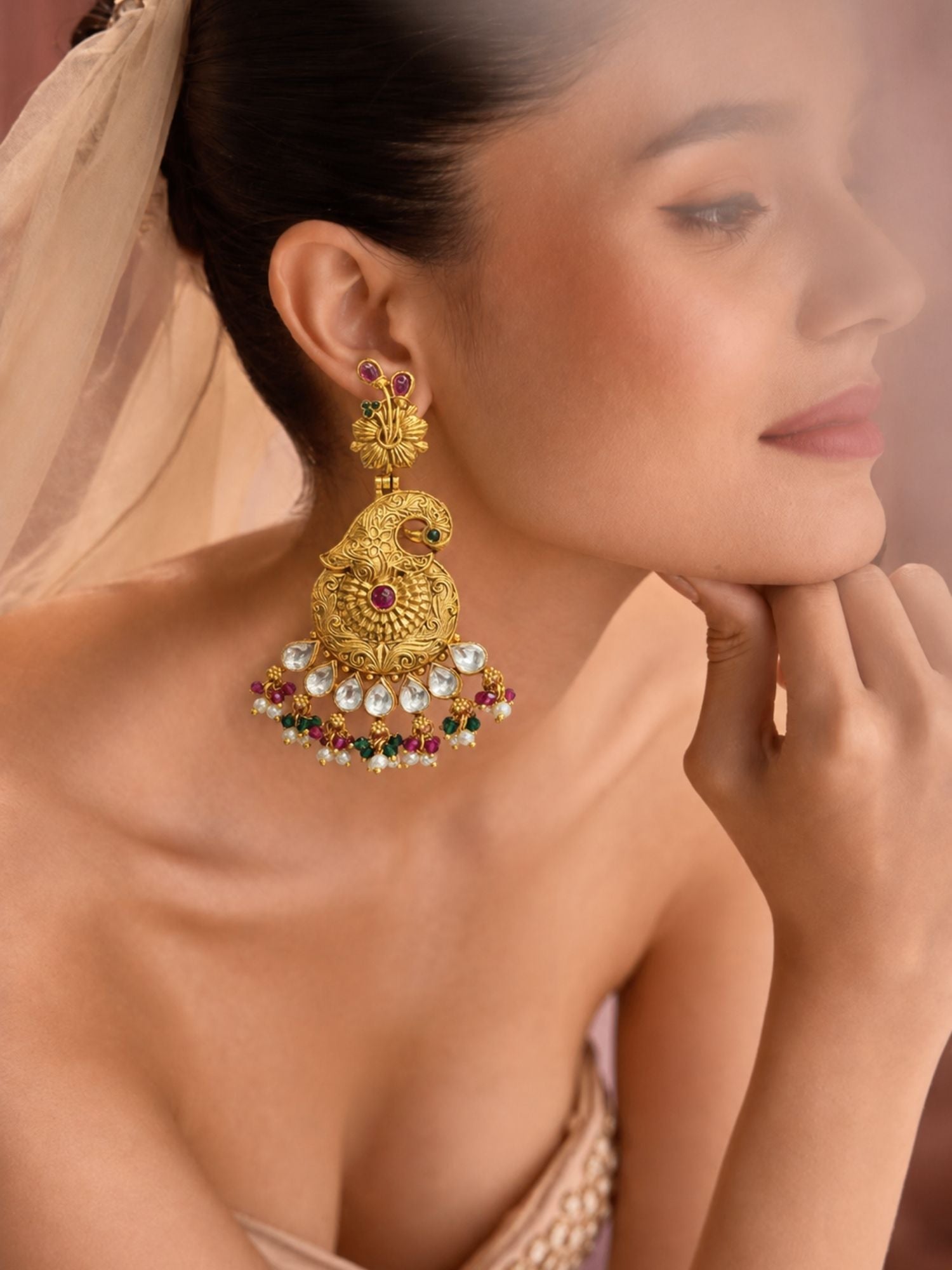 Antique Gold Plated Multicolor Kundan Peacock Statement Earrings for Women