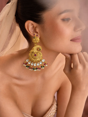 Antique Gold Plated Multicolor Kundan Peacock Statement Earrings for Women